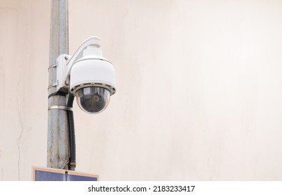 Modern Public CCTV Camera On Electric Pole. Recording Cameras For Monitoring All Day And Night. Concept Of Surveillance And Monitoring With Copy Space.