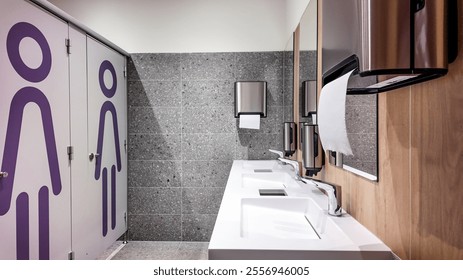 Modern public restroom with clean sinks and facilities, emphasizing hygiene, accessibility, and cleanliness, suitable for travel and public spaces