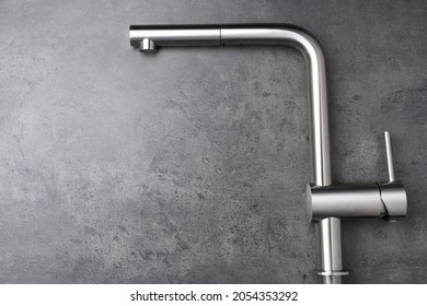 Modern Pull Out Kitchen Faucet On Grey Table, Top View. Space For Text