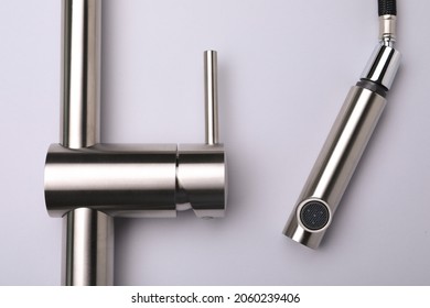 Modern Pull Out Kitchen Faucet On Grey Background, Top View