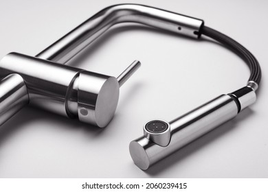 Modern Pull Out Kitchen Faucet On Grey Background, Closeup