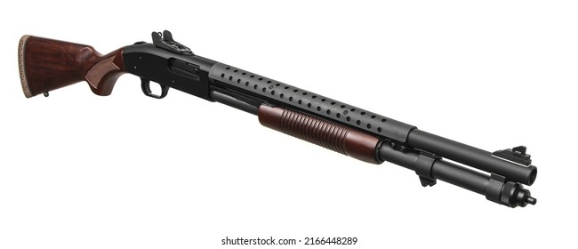 Modern pump-action shotgun with a wooden butt and fore-end isolate on a white background. Weapons for sports and self-defense. Armament of police, army and special units.