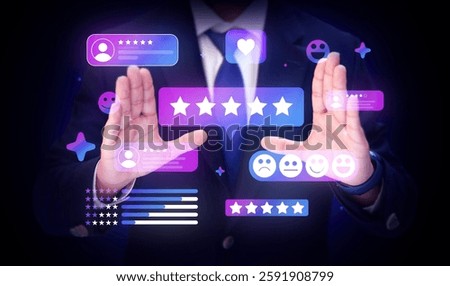 modern Purple and blue gradient five star ratings and reviews customer satisfaction hovering between hands, playful, feedback, user, glowing, pink positive comments