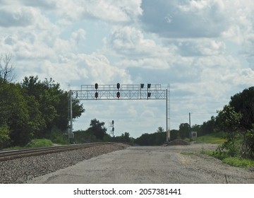 Modern Railroad Signal Bridge On The BNSF Railway At Cassoday, Kansas. 