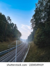 Modern Railway Track Going Through Forest After The Rain With Some Subtle Fog.