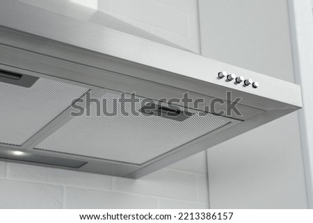Modern range hood in kitchen, closeup view 商業照片 © 