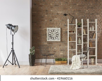 modern reading corner behind natural brick wall living room interior