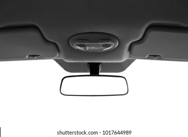 Modern Rear View Mirror And Part Of Car Ceiling On White Background