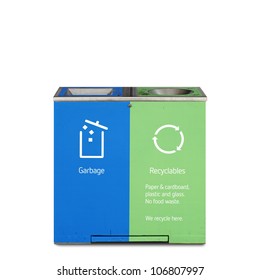 A Modern Recycle Bin With Garbage And Recycle Symbols Printed On Its Side, Isolated Against White.