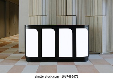 Modern Recycling Bin With Compartments For Trash Sorting. Blank White Spaces For Mockup Purpose. Indoor Environment.