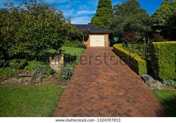 Modern Red Brick House Long Driveway Stock Photo Edit Now 1324397813