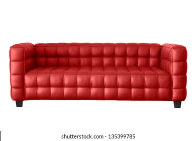 Modern Red Leather Sofa Isolated On White.