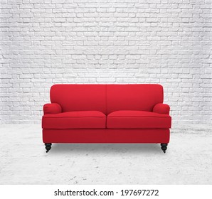 Modern Red Sofa  In White Room Brick Wall 