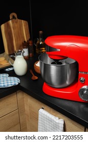 Modern Red Stand Mixer And Ingredients On Countertop In Kitchen