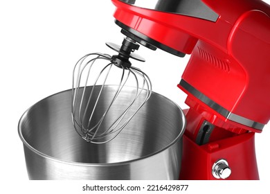 Modern Red Stand Mixer Isolated On White, Closeup