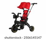 A modern red toddler tricycle designed for safety and comfort, equipped with a sunshade and a parent handle, perfect for outdoor adventures with young children.