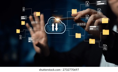 A modern representation of cloud computing technology where a businessman interacts with a digital interface for data transfer and file management. Gantry