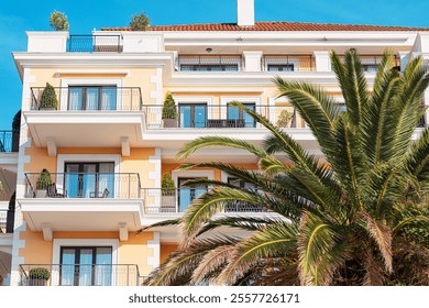 Modern residential building with balconies and a palm tree in the foreground, on a sunny day - Powered by Shutterstock