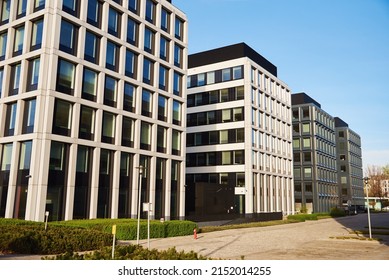 Modern residential complex. Facade of new house block in Europe. Complex of apartment residential buildings in Poland