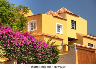 Modern Residential Tropical Spanish Villa, Home, House Exterior At The Tenerife Island, Spain.