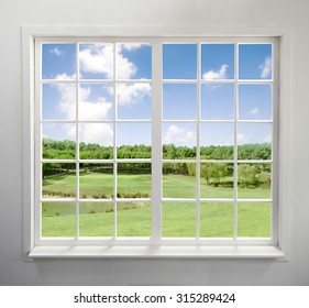 Modern residential window with lake view