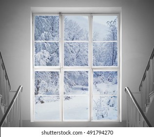 Modern Residential Window With Snow Landscape