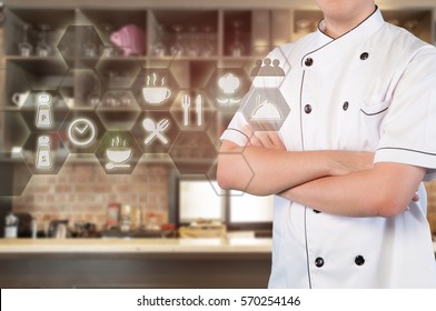 Modern Restaurant Concept, Chef Working By Virtual Interface Technology For Management