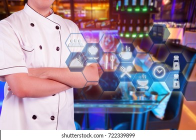 Modern Restaurant Concept, Chef Working By Virtual Interface Technology For Management, International Chef Standing Over Modern Michelin Star Restaurant Background With Related Icon.