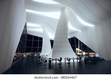 Modern restaurant hall with abstract interior, wooden floor, big windows and night city view 3D Render