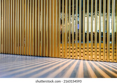Modern restaurant room interior with wooden lattice partition - Shutterstock ID 2163154593