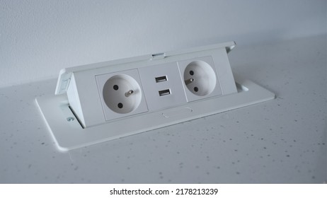 Modern Retractable Pop Up Power Outlet Installed On Kitchen Counter