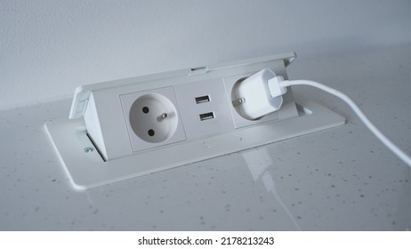 Modern Retractable Pop Up Power Outlet Installed On Kitchen Counter