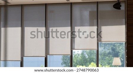 Modern roller blinds softly filter sunlight. Glass panes reflect green trees outside. Lamp glows softly beside the window. The room feels calm and serene. Ideal for office, home, or cafe settings