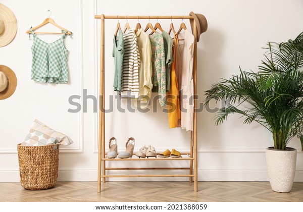Modern room with clothes rack and houseplant.\
Interior design
