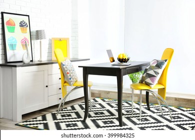 Modern Room Design. Furniture Set With Table And Chairs