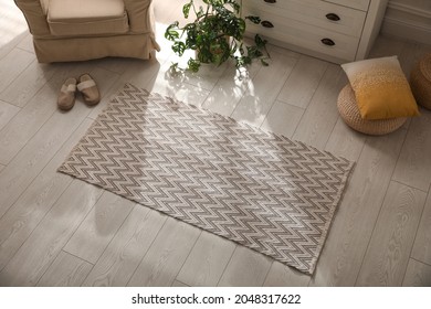 Modern room interior with stylish rug and furniture, above view - Shutterstock ID 2048317622