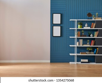 Modern Room Wall Background, White And Blue Concept, Decorative Blue Room, Home Object, Armchair Lamp And Frame Decor. Bookshelf In The Wall, Parquet Floor.