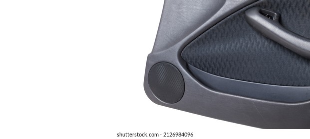 Modern Round Speaker Grille In Black Color On The Door Inside The Car Interior, Circle Dynamics With Chrome Elements In The Design On The Gray Panel. Auto Service Industry. Loud Music Concept. 