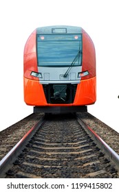 Modern Russian Electric Train Standing On The Rails Isolated On White Background                               