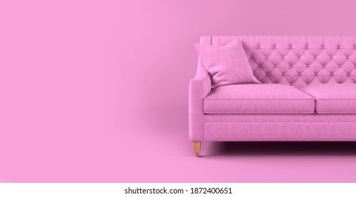 Modern scandinavian classic pink sofa with wooden legs and pillows on pink background. Furniture, interior object, stylish sofa. Pink creative interior, showroom. Fabric sofa front view. Single piece - Shutterstock ID 1872400651