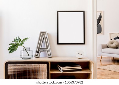 Modern Scandinavian Home Interior With Mock Up Photo Frame, Design Wooden Commode,  Big Cement Letter, Tropical Leaf, Gray Sofa And Personal Accessories. Stylish Home Decor. Template. Ready To Use. 