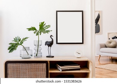 Modern Scandinavian Home Interior With Mock Up Photo Frame, Design Wooden Commode, Black Sculpture, Tropical Leaf, Gray Sofa And Personal Accessories. Stylish Home Decor. Template. Ready To Use. 