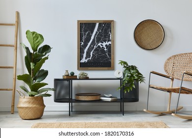 Modern scandinavian living room interior with mock up poster frame, design commode, plants, rattan armchair, book and elegant accessories in stylish home decor. Template. 