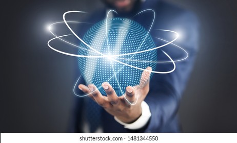 Modern Scientific technologies from all over the world in 3D on man palm, panorama, copy space