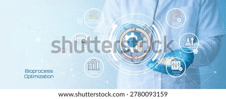 Modern scientist analyzing bioprocess optimization with digital interface and futuristic technology icons