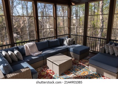 Modern Screened Porch In Springtime, Full Of Blooms Trees In The Background. New Home Addition Concept.