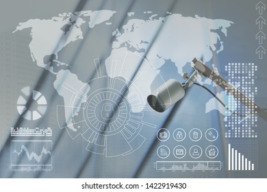Modern security CCTV camera and virtual icons on color background