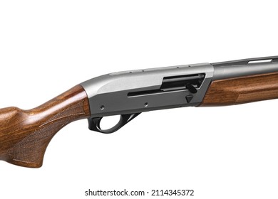 A modern semi-automatic shotgun with a wooden stock and a silver barrel. Weapons for hunting and sports. Isolate on a white background.