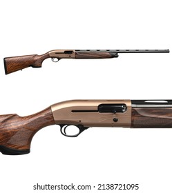 A modern semi-automatic shotgun with a wooden stock. Guns in bronze color for hunting and sport. Isolate on a white background.