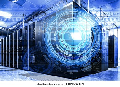 Modern server room or a bitcoin farm interior with servers along the walls. There is a HUD and graphs.